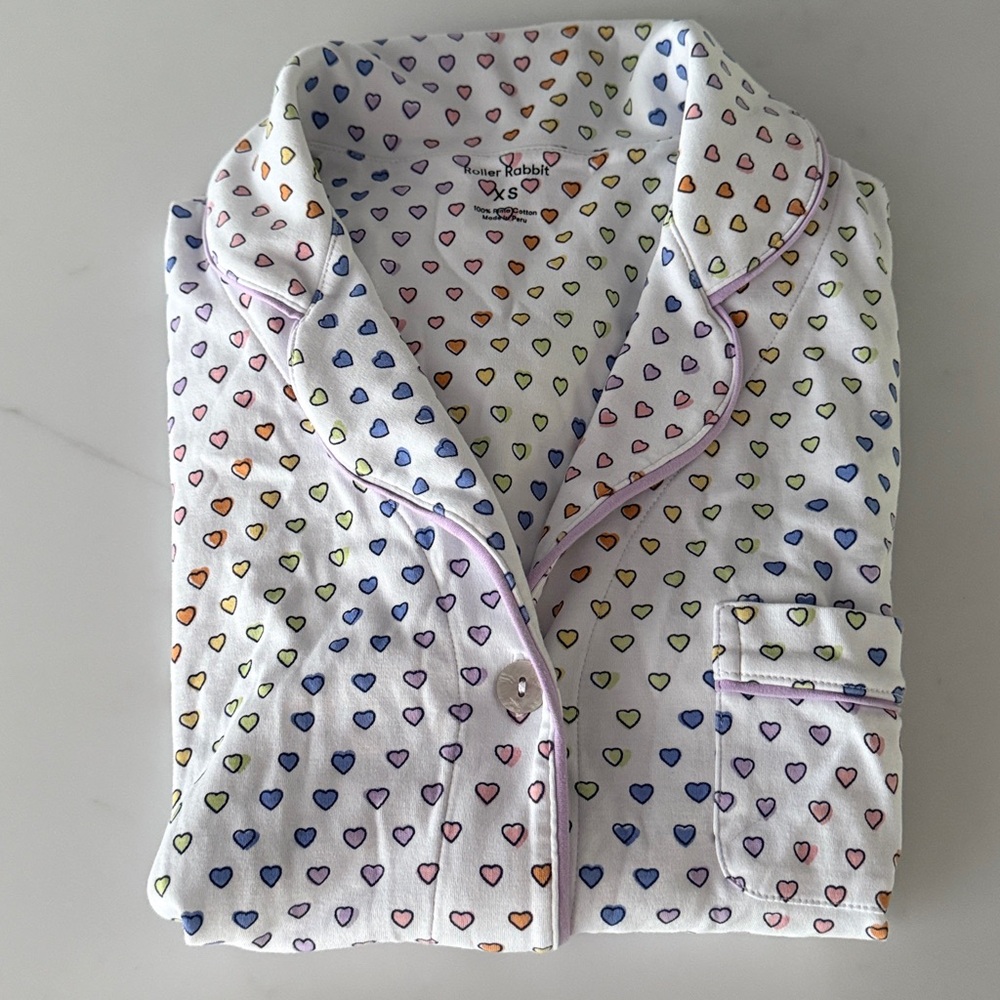 Roller Rabbit rainbow Heart PJ Button Down short sleeve top xs